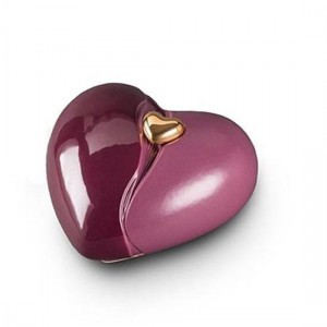 Small Ceramic Heart Shape Cremation Ashes Urn (Maroon with Gold Heart Motif)